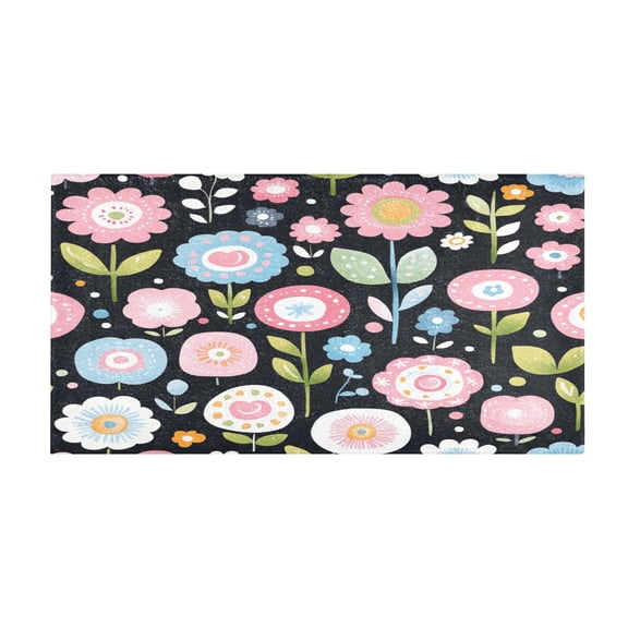 Spring Flowers on Black 39x20" Bath Mat Carpet, Absorbent and Non-Slip for Kitchen or Bathroom, Quick-Drying