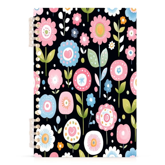 Spring Flowers on Black A5 8.3x5.7in PP Notebook, Adjustable Rings, 60 Sheets, Diary or Journey Note