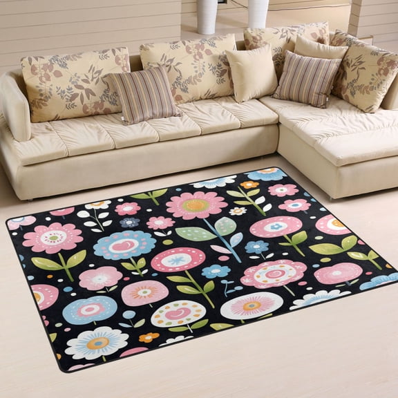 Spring Flowers on Black Soft Polyester Area Rug 31''x20'', Non Slip, Memory Foam, Water Absorbent