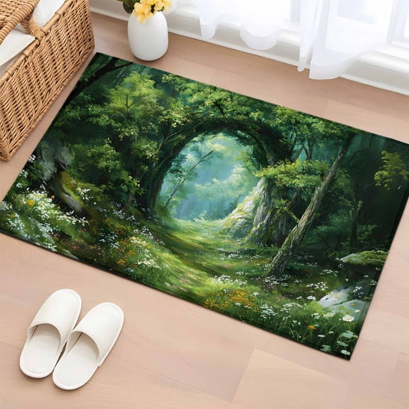 Spring Forest 2'x3' Rug for Entryway Front Door Kitchen Sink Area, Oil Painting Spring Grass Green Trees Floral Plant Forest Low Pile Non Slip Rectangle Area Rug, Machine Washable Indoor Outdoor Mat