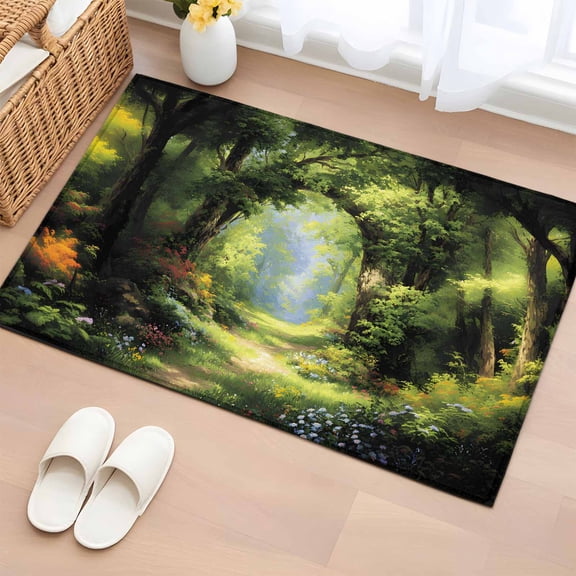 Spring Forest 2'x3' Rug for Entryway Front Door Kitchen Sink Area, Oil Painting Spring Green Trees Floral Grass Plant Forest Low Pile Non Slip Rectangle Area Rug, Machine Washable Indoor Outdoor Mat
