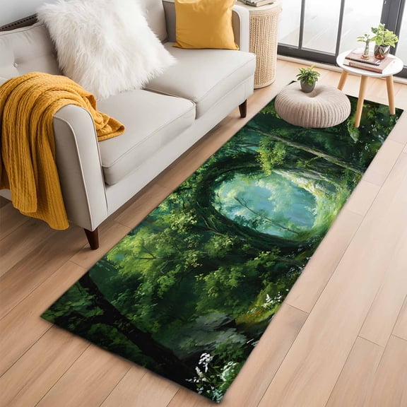 Spring Forest 2'x6' Runner Rug for Hallway Walkway Kitchen Galley, Oil Painting Spring Grass Green Trees Floral Plant Forest Low Pile Non Slip Long Area Rug, Machine Washable Indoor Outdoor Mat