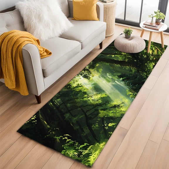 Spring Forest 2'x6' Runner Rug for Hallway Walkway Kitchen Galley, Oil Painting Spring Sunlight Green Trees Plant Forest Low Pile Non Slip Long Area Rug, Machine Washable Indoor Outdoor Mat