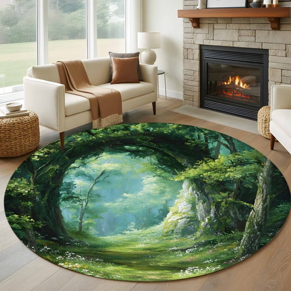 Spring Forest 5' Round Rug for Dining Table for 4 People Under Table Placement, Oil Painting Spring Grass Green Trees Floral Plant Forest Non Slip Circle Area Rug, Machine Washable Indoor Outdoor Mat