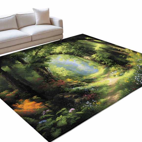 Spring Forest 5x7ft Non Slip Area Rug Oil Painting Spring Green Trees Floral Grass Plant Forest Washable&nbsp;Soft Area Rugs for Living Room, Indoor&nbsp;Circle Carpet for Bedroom Dining Room Kitchen