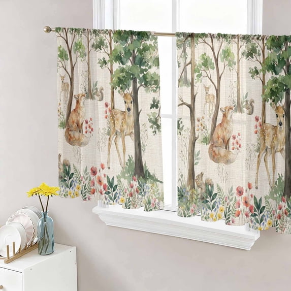 Spring Forest Animals Sheer Curtains 45 Inches Length 2 Panels Set, Window Sheer Curtains for Living Room/Bedroom, Floral Botanical Trees Linen Light Filtering Rod Pocket Curtain 52''x45''x2
