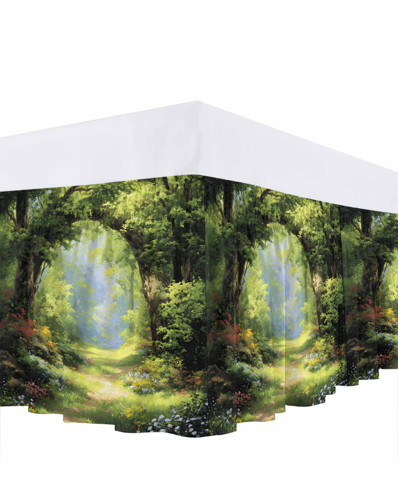Spring Forest Bed Skirt Queen Size 16 Inch Drop, Spring Green Trees Floral Grass Plant Forest Adjustable Elastic Dust Ruffles Bedskirt for Queen Bed Wrap Around Pleated Mattress Frame Cover
