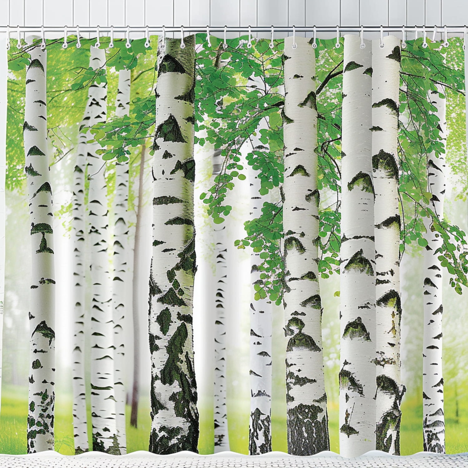 Spring Forest Birch Trees Shower Curtain Set Green Leaves White and