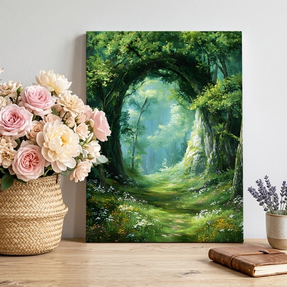 Spring Forest Canvas Wall Art, Oil Painting Spring Grass Green Trees Floral Plant Forest Pictures Wall Decor Wooden Framed Artwork Art Prints for Living Room Hallway Bedroom Office 8"x10"