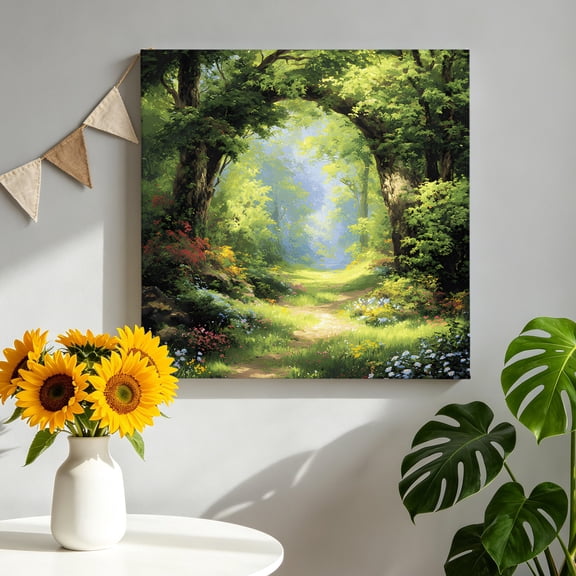 Spring Forest Canvas Wall Art, Oil Painting Spring Green Trees Floral Grass Plant Forest Pictures Wall Decor Wooden Framed Artwork Art Prints for Living Room Hallway Bedroom Office 8"x8"