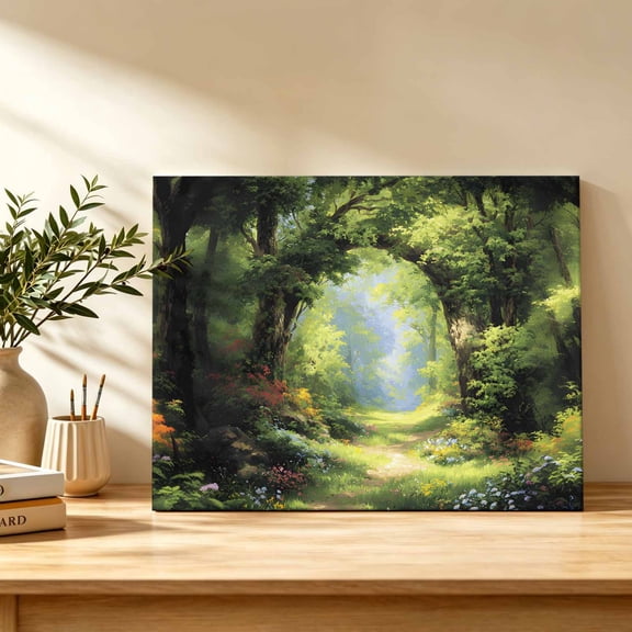 Spring Forest Canvas Wall Art, Oil Painting Spring Green Trees Floral Grass Plant Forest Wall Art Prints Artwork Framed Canvas Ready to Hang Art Pictures for Bathroom Bedroom Entry Desk Corner 10"x8"