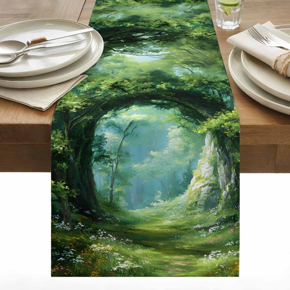 Spring Forest Cotton Linen Table Runner Oil Painting Spring Grass Green Trees Floral Plant Forest Dining Table Runners for Home Decor Party Dining Room Restaurant Kitchen 13" x 48"