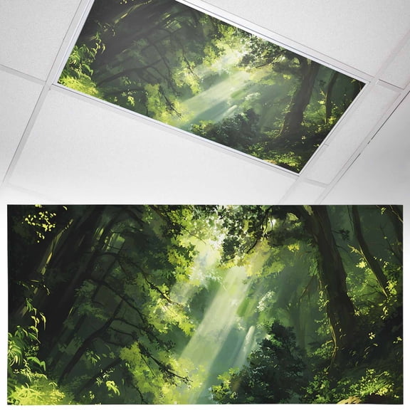 Spring Forest Fluorescent Light Covers Oil Painting Spring Sunlight Green Trees Plant Forest Magnetic Light Filters Ceiling Lighting Panel Shade for Classroom Office Home 2 x 4 ft, 1 Pack