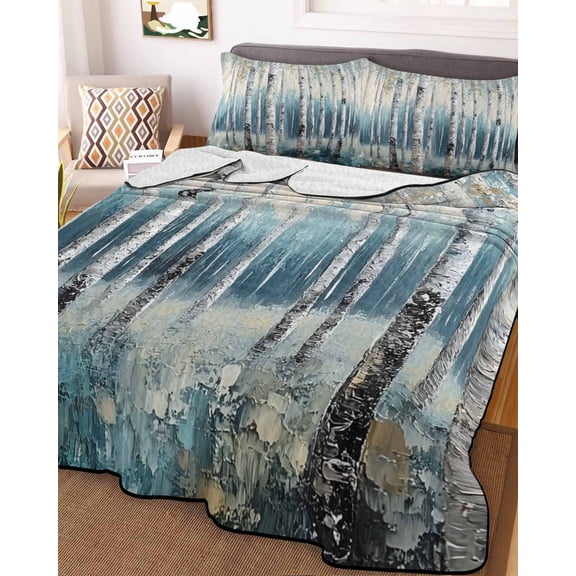 Spring Forest Full Size Down Alternative Comforter, Lightweight Comforter Quilt Bedding Set with Pillow Shams Grey Tree Branch Impressionist Style All Seasons Bed Comforter Duvet Insert 78"x90"