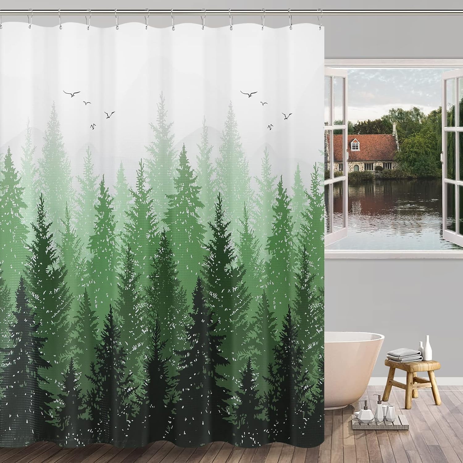 Spring Forest Green Plant, Grey Mountain Nature Tree Fabric Shower Curtains for Bathroom Water Repellent Woodland Shower Curtain, 72 x 72 inch