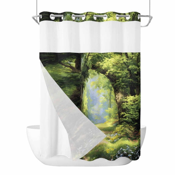 Spring Forest No Hook Shower Curtain with Snap in Liner Oil Painting Spring Green Trees Floral Grass Plant Forest Waterproof Bathroom Shower Curtain with See Through Top Window for Bathtub 72" x 84"