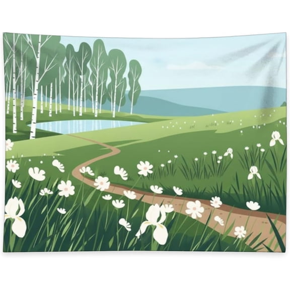 Spring Forest Landscape Green Tapestry Floral Path Birch Natural Wall Hanging Hippie Decor Bohemian Art Boho Aesthetic Tapestry for Bedroom Dorm Living Room Decor 30X40 Inch