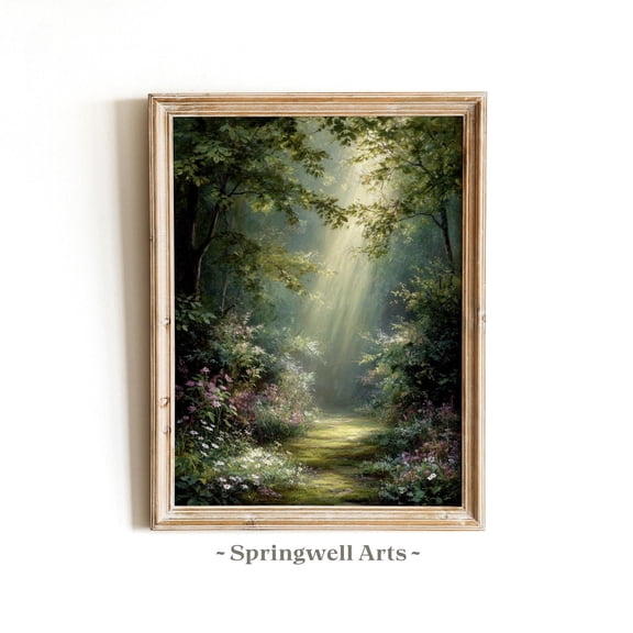 Spring Forest Path Dark Green Vertical Wildflower Landscape Poster , Poster Print Only