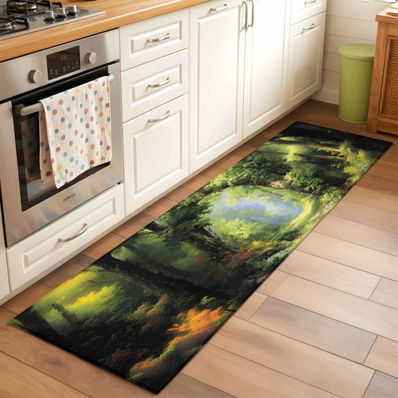 Spring Forest Runner Rugs 2x6 ft Oil Painting Spring Green Trees Floral Grass Plant Forest Washable Hallway Rugs Non-Slip Floor Mats Absorbent Carpet Bedside Runners for Bedroom Kitchen Laundry Room