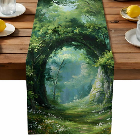 Spring Forest Table Runner, Oil Painting Spring Grass Green Trees Floral Plant Forest Washable Kitchen Table Runners Dress Scarves for Dining Table Decorations Party, 13x90in