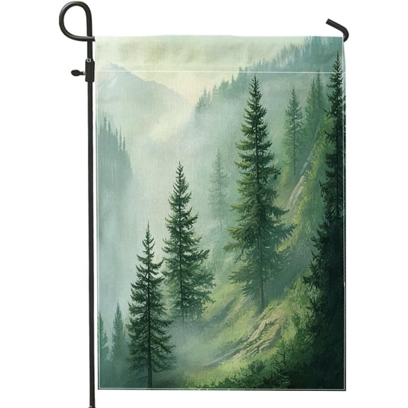 Spring Forest Tree Garden Flag 12x18 Inch Double Sided Canvas Outdoor House Flag with Misty Nature Scenic Pattern for Front Yard or Backyard