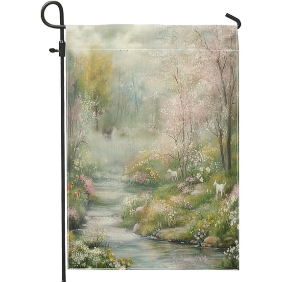 Spring Forest Tree Scenery Garden Flag Double Sided Canvas 12x18 Inch Nature Landscape Outdoor House Flag for Front Yard and Backyard