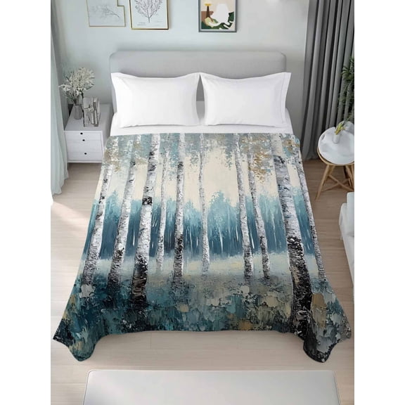 Spring Forest Twim Size Flat Sheet, Wrinkleproof & Fadeproof Cooling Flat Bed Sheet Only, Grey Tree Branch Impressionist Style Breathable Soft Bedding Top Sheets 66 x 96 Inches