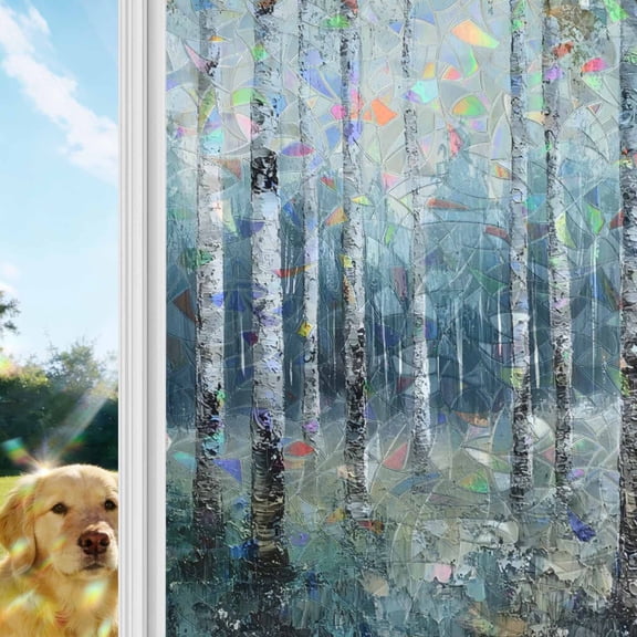 Spring Forest Window Privacy Film Stain Glass,Reusable Decorative Rainbow Window Film,Grey Tree Branch Impressionist Style Static Cling Sun Blocking Stickers Decals Covers 17.7" x 39.3" (2pcs)