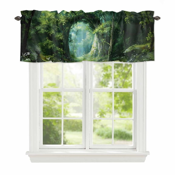 Spring Forest Window Valance for Kitchen, Oil Painting Spring Grass Green Trees Floral Plant Forest Rod Pocket Short Curtain for Small Windows, Light Filtering Decorative Valance, 56 x 16 Inch
