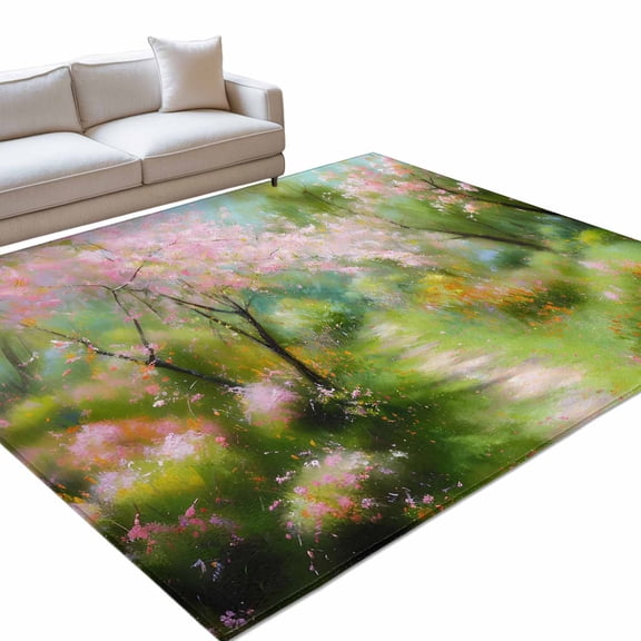 Spring Forests 6x9ft Non Slip Area Rug Oil Painting Pink Trees Green Grass Washable Soft Area Rugs for Living Room, Indoor Circle Carpet for Bedroom Dining Room Kitchen