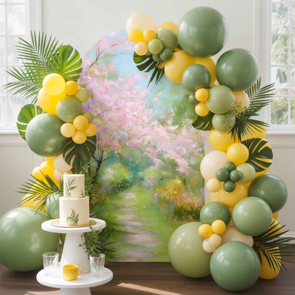 Spring Forests Arch Backdrop Cover, 5FT, Oil Painting Pink Trees Green Grass Spandex Arch Covers Double-Sided Backdrop for Wedding Birthday Party Photo Background Decoration