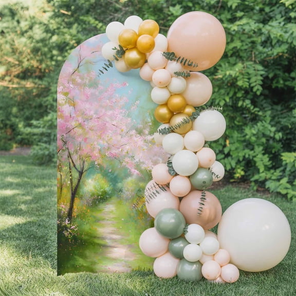 Spring Forests Arch Backdrop Cover 6 FT, Oil Painting Pink Trees Green Grass Wedding Arch Cover Stretchy Backdrop Stands Covers for Birthday Party Ceremony Banquet Decor