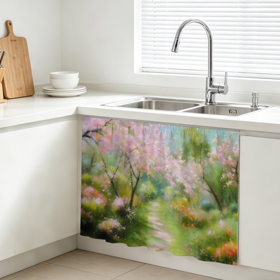 Spring Forests Cabinet Curtains for Kitchen 11"W x 13"L, Oil Painting Pink Trees Green Grass Vanity Cabinet Curtains Magic Tape Short Curtain Decor Privacy Panel for Bathroom Laundry