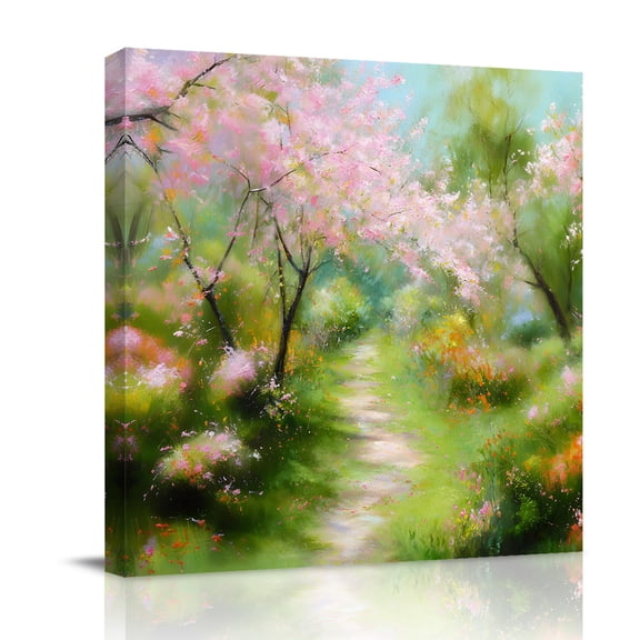 Spring Forests Canvas Wall Art for Living Room, Oil Painting Pink Trees Green Grass Poster Print Painting for Bedroom Office Home Decoration Wall Pictures Prepare To Hang 8"x8"