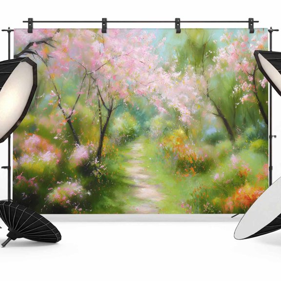 Spring Forests Photography Backdrop 7x5FT, Oil Painting Pink Trees Green Grass Photo Backdrops, Background for Photography Studio Photo Studio Background, Back Drop for Photoshoot