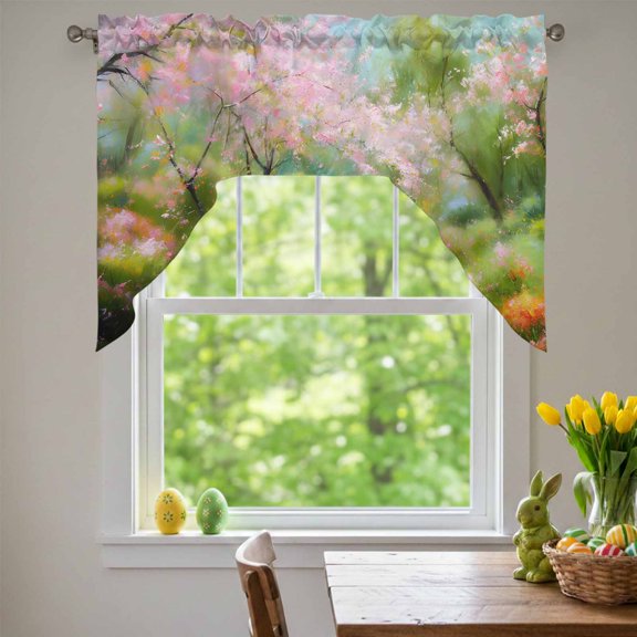 Spring Forests Swag Valances for Kitchen Window, Oil Painting Pink Trees Green Grass Small Swag Valances Rod Pocket Curtain Drapes Window Treatment for Bedroom Bathroom, 56x36 Inch