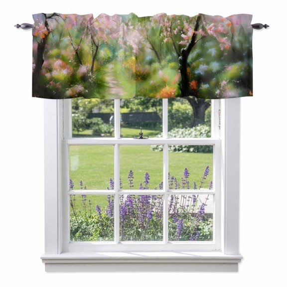 Spring Forests Valance Curtain Oil Painting Pink Trees Green Grass Window Valances Rod Pocket Short Curtains Window Treatments for Kitchen Bedroom Bathroom Laundry 60" x 18"