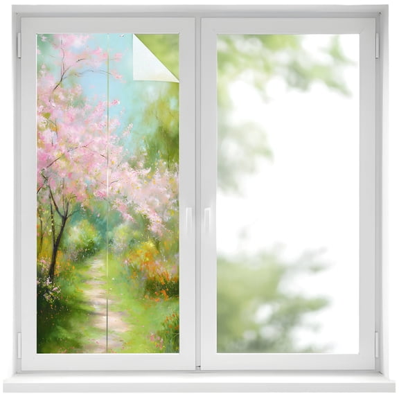 Spring Forests Window Privacy Film, Oil Painting Pink Trees Green Grass Frosted Glass Window Clings Static Cling UV Heat Blocking Reusable Door Sticker for Bathroom 17.7 x 39.3 Inch