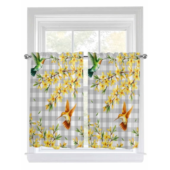 Spring Forsythia Flowers 2 Panel Kitchen Curtains for Windows, Yellow Floral Hummingbird Gray Plaid Bathroom Privacy Curtain, Home Décor Window Treatment for Bedroom/Living Room 55"x45"