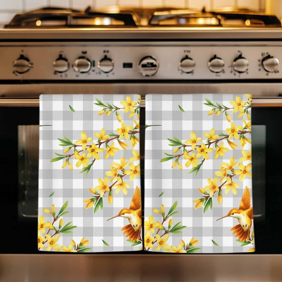 Spring Forsythia Flowers Kitchen Towels Set of 1, Yellow Floral Hummingbird Gray Plaid Absorbent Dish Towels for Kitchen, Microfiber Hand Towel, Quick Drying Tea Towel Decorative Dishcloths
