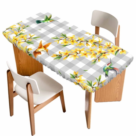 Spring Forsythia Flowers Table Cloths for 3 Foot Rectangle Tables, Yellow Floral Hummingbird Gray Plaid Patio Waterproof Elastic Fitted Tablecloths, Washable Rectangular Table Cover for Camping