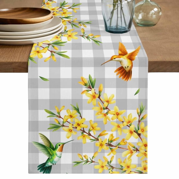 Spring Forsythia Flowers Table Runner, Yellow Floral Hummingbird Gray Plaid Cotton Linen Table Runners 108 Inches Long, Dresser Scarf Runner for Dining/Living Room/Kitchen/Square Tables 13''x108''