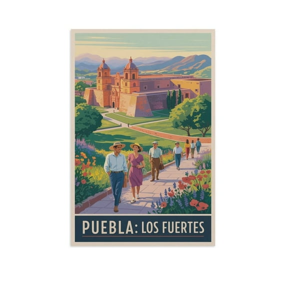 Spring Fort Wall Art Los Fuertes Puebla Mexico Vintage Travel Poster Flowering Gardens Stone Walls Turrets Canvas Poster