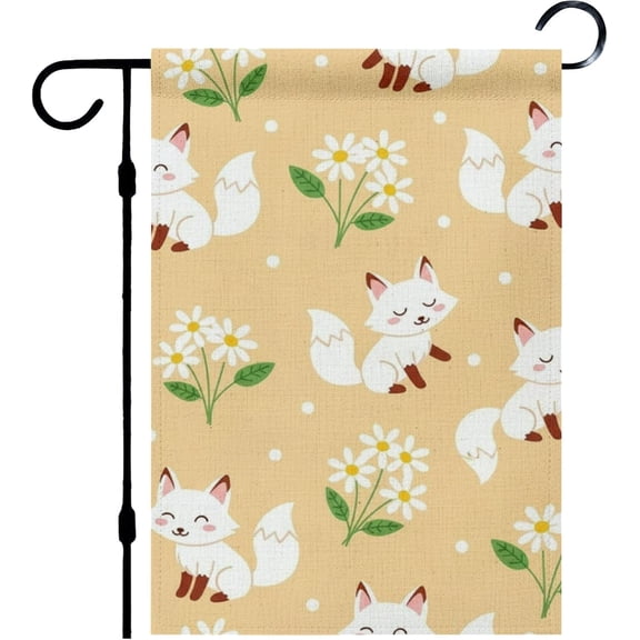 Spring Fox Floral Outdoor Garden Flag Linen 12x18 Inch White Yellow UV Protection