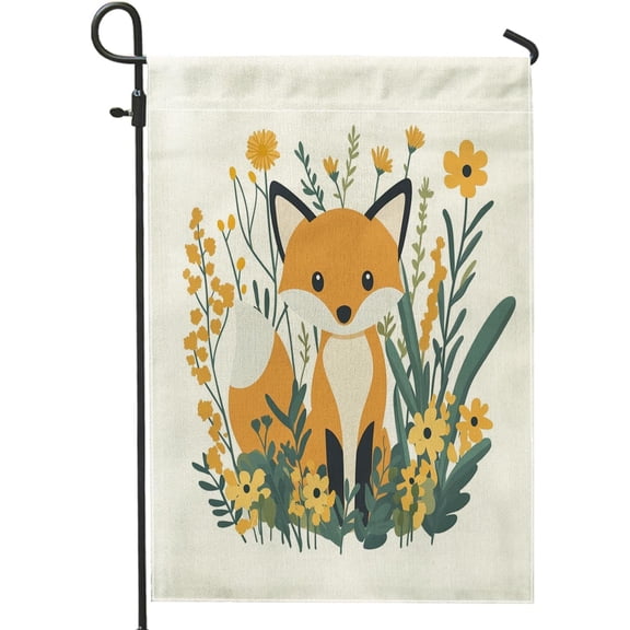 Spring Fox Garden Flag, Yellow Floral Animal Yard Flag, Double Sided Burlap Outdoor Lawn Decoration, Nature Garden Party Flag 12 x 18 Inch