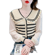 Spring French High-End Contrast Striped Doll Collar Ice-Cool Silk Spliced Chiffon Age-Reducing Top Black Bar Uniform Size