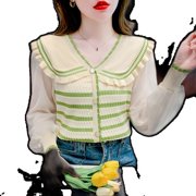 Spring French High-End Contrast Striped Doll Collar Ice-Cool Silk Spliced Chiffon Age-Reducing Top Green Stripe Uniform Size