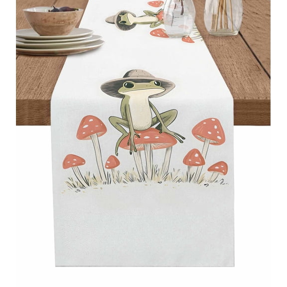 Spring Frog Table Runner 72 Inches, Botanical Red Mushroom Plants Farmhouse Bed Runner Dresser Scarves Tabletop for Indoor Outdoor Parties/Ceremony/Banquet, 14" x 72"