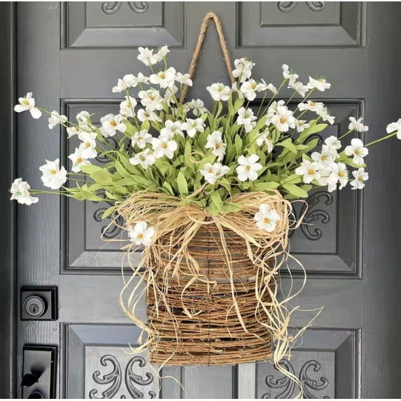 Spring Front Door Decor Wicker Basket Wreath Cream Hydrangea Wildflower Door Hanger with Bow, Rattan Porch Wall Hanging, Spring Summer All Season Decor