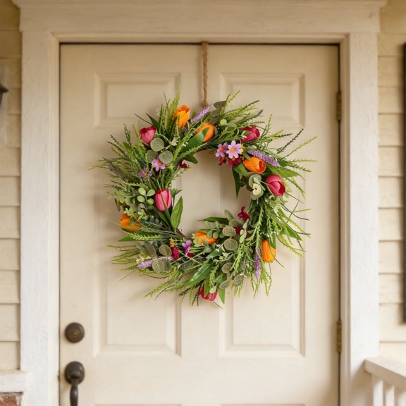 Spring Front Door Flower Wreath, Realistic Fragrant Flowers and Leaf Garlands for Porch and Outdoor Display, Weddings, Birthday, Stage Decor, Indoor Outdoor Seasonal Home Accent